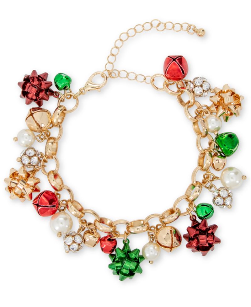 Tri-Tone Crystal, Imitation Pearl & Bow Jingle Bell Charm Bracelet