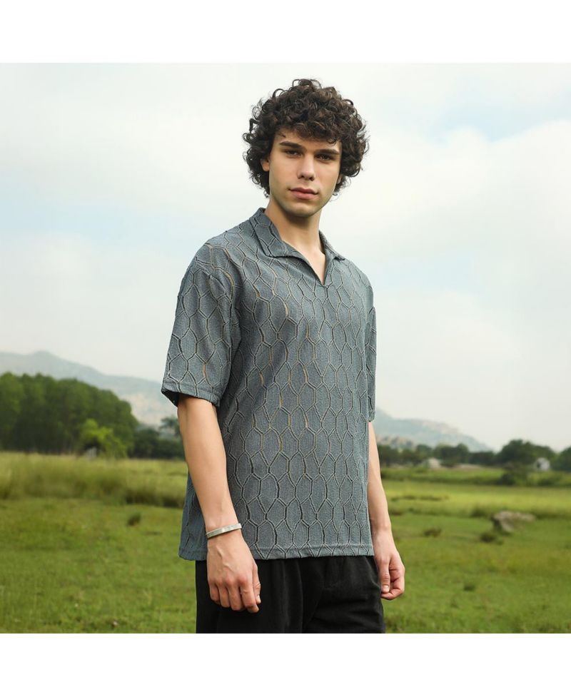 Men's Moon Grey Honeycomb-Knit Polo T-Shirt