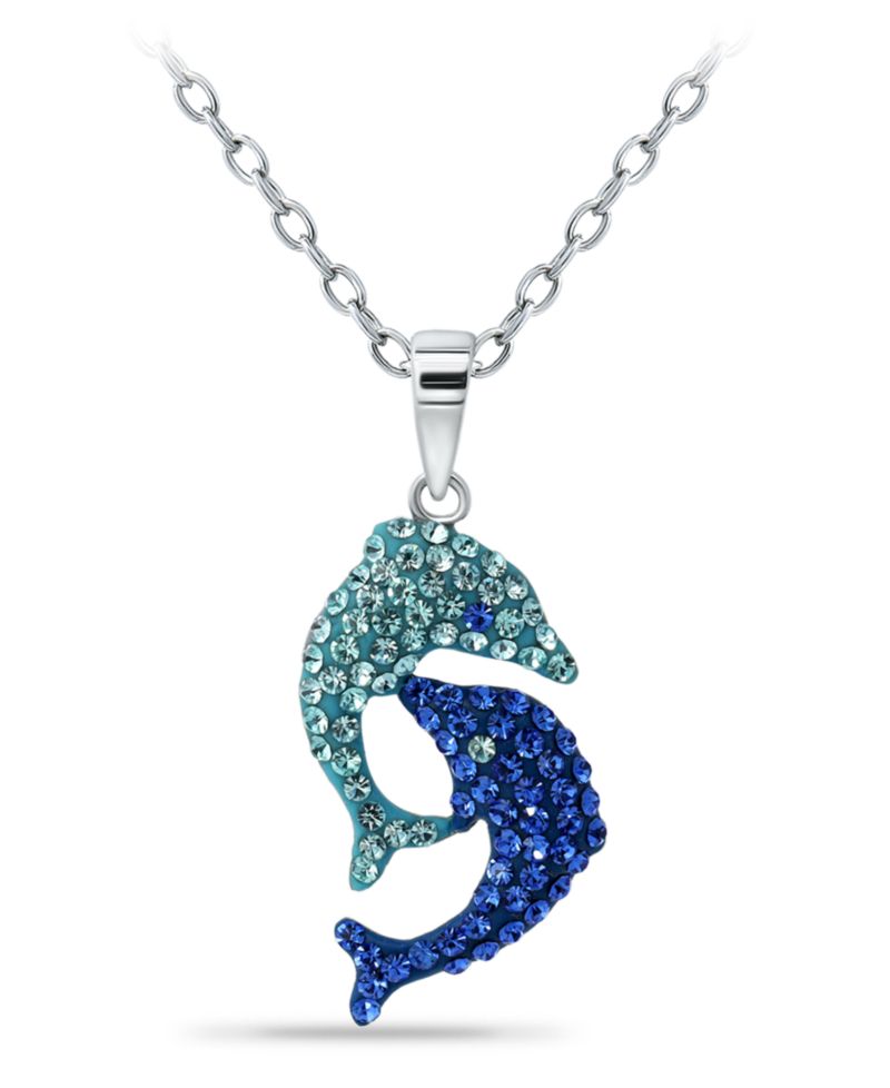 Crystal Two Dolphin Pendant Sterling Silver Necklace