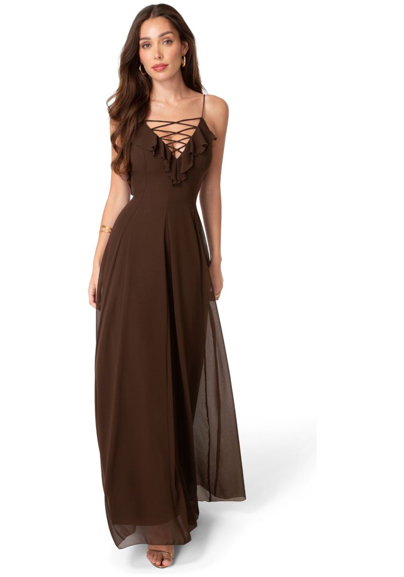 Women's Lace Up Ruffle Chiffon Maxi Dress