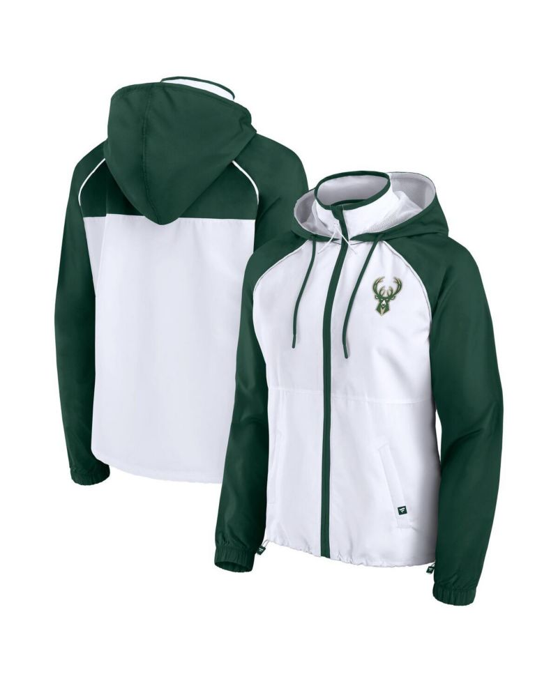 Women's White/Hunter Green Milwaukee Bucks Anorak Raglan Full-Zip Hoodie Jacket
