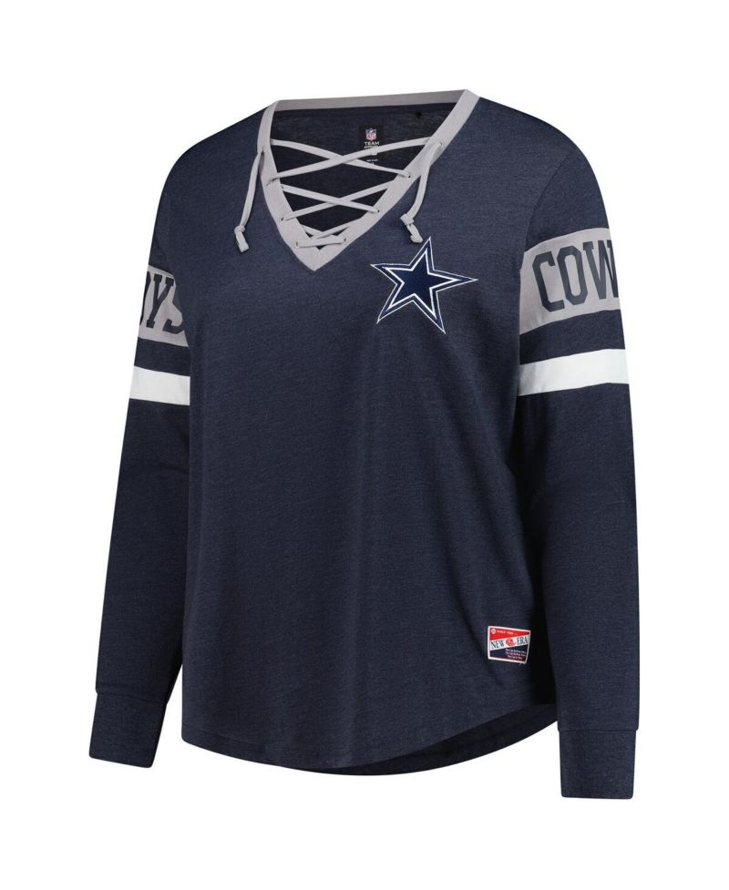 Women's Navy Dallas Cowboys Plus Size Throwback Lace-Up Long Sleeve T-Shirt