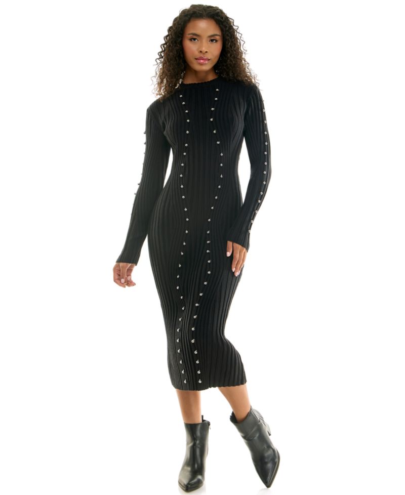 Juniors' Long Sleeve Metal Bead Ring Trim Mock Neck Midi Sweater Dress