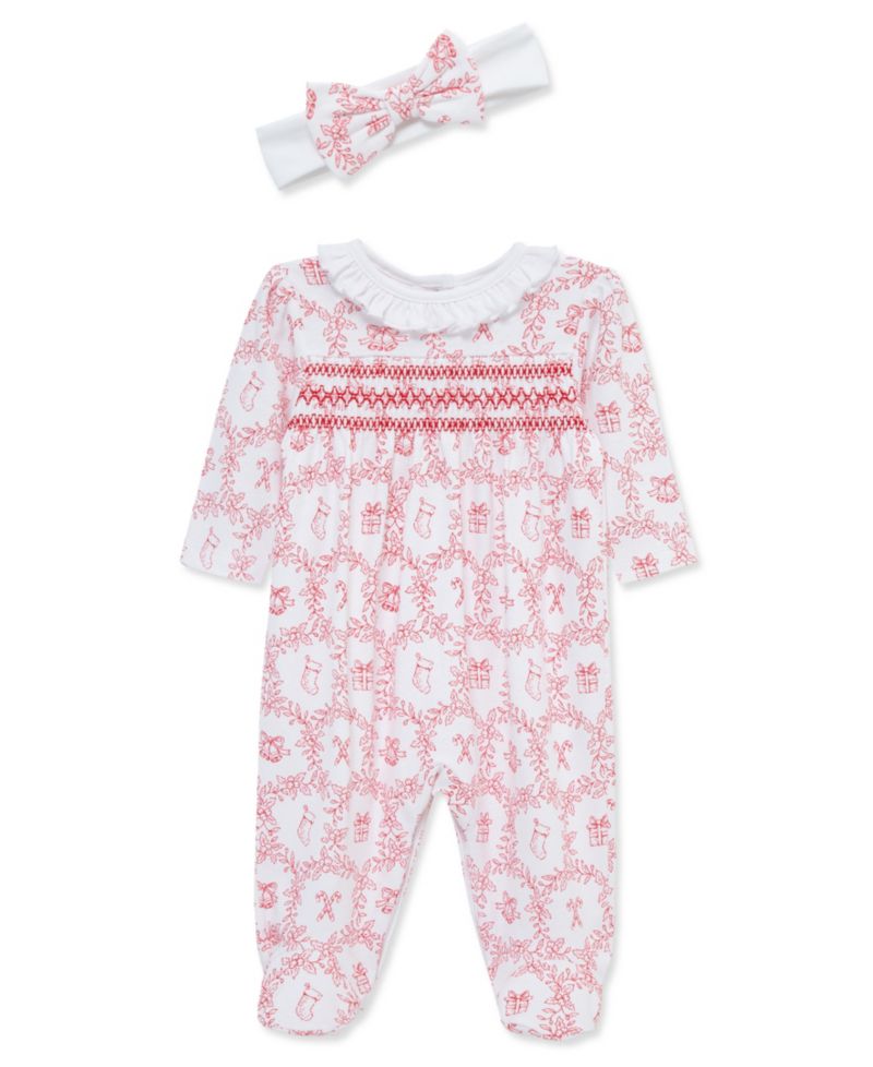 Baby Girls' Festive Toile Print Footed Coveralls and Headband, 2-Piece Set