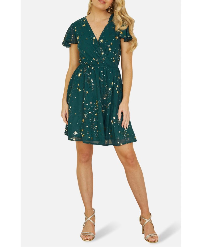 Women's Foil Star Print Wrap Skater Dress