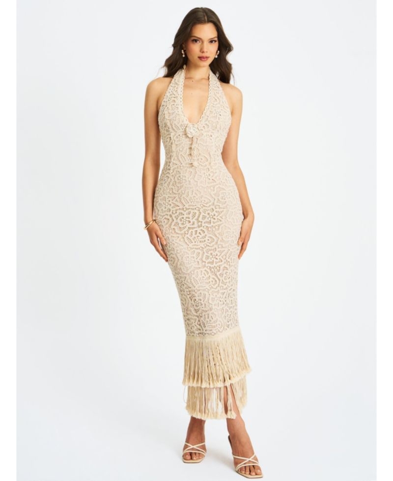 Women Faelyn Off-White Double Fringe Crochet Halter Maxi Dress