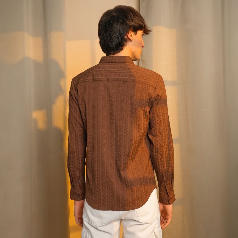 Men's Chocolate Brown Geometric-Textured Knit Shirt