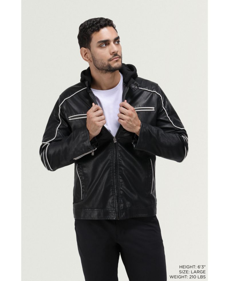 XRAY Men's Grainy PU Moto Jacket With Hood and Faux Shearling Lining