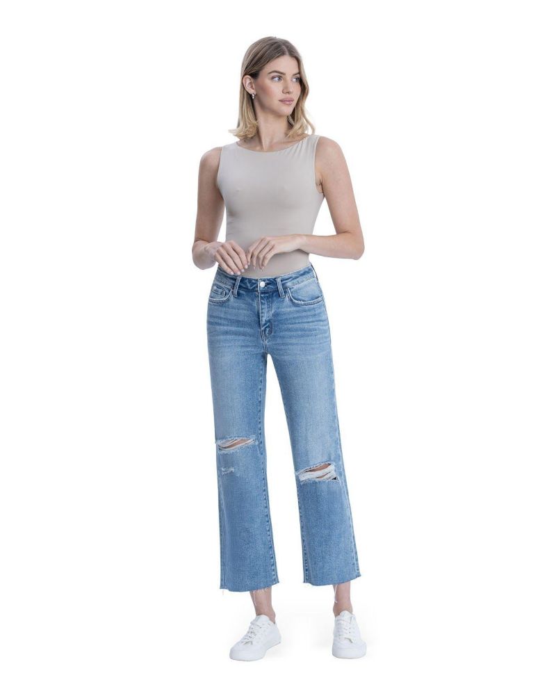 Women's High Rise Raw Hem Crop Slim Wide Leg Jeans