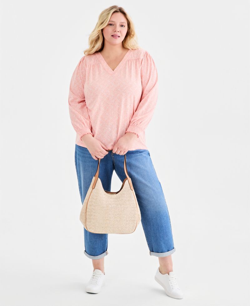 Plus Size Printed Smocked-Cuff Long-Sleeve V-Neck Top