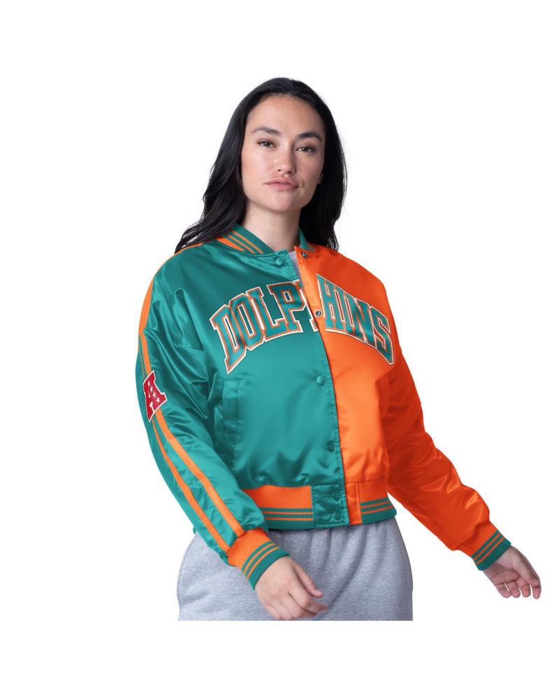 Women's Aqua/Orange Miami Dolphins Zone Blitz Cropped Full-Snap Satin Jacket