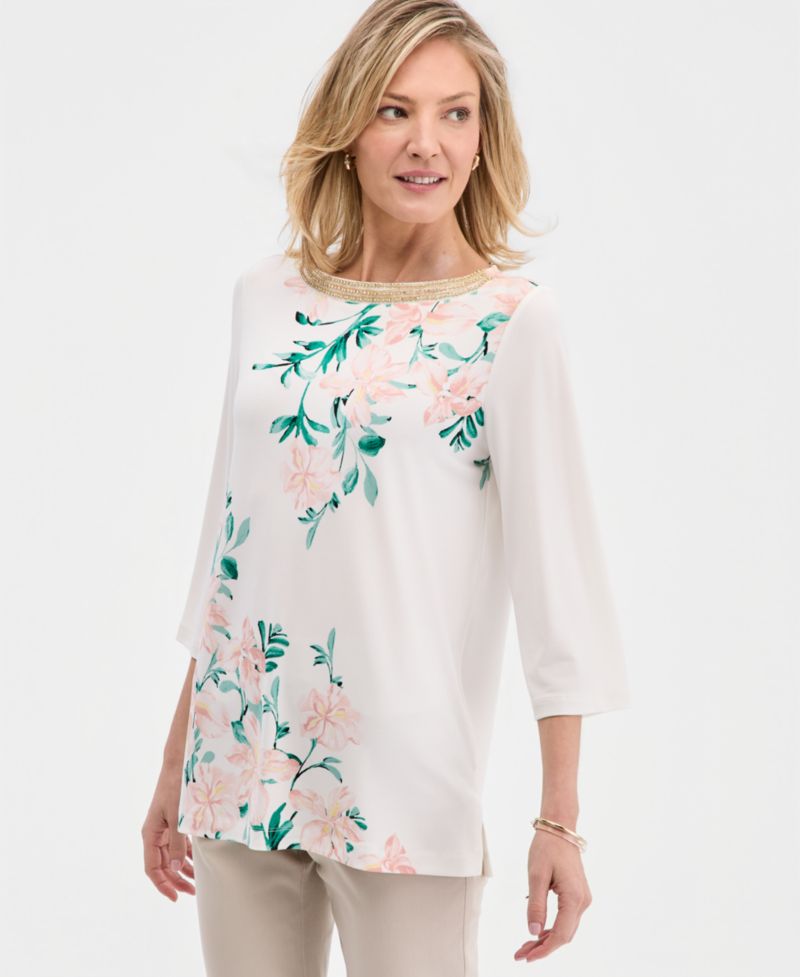 Women's Printed Embellished 3/4-Sleeve Boat-Neck Top