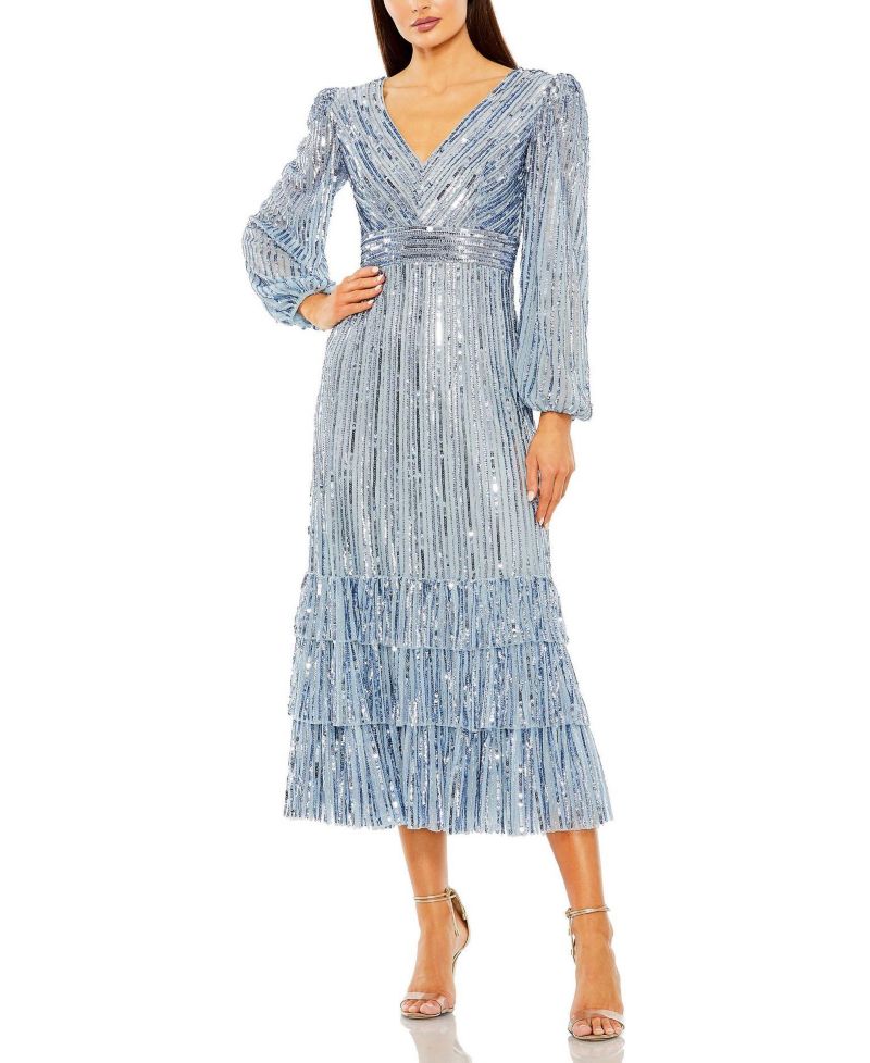Women's Long Sleeve Deep V Tiered Ruffle Sequin Dress