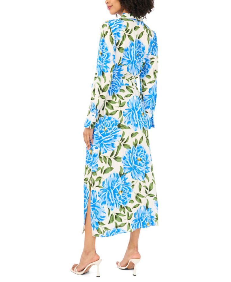 Women's Floral Collared Long-Sleeve Maxi Dress