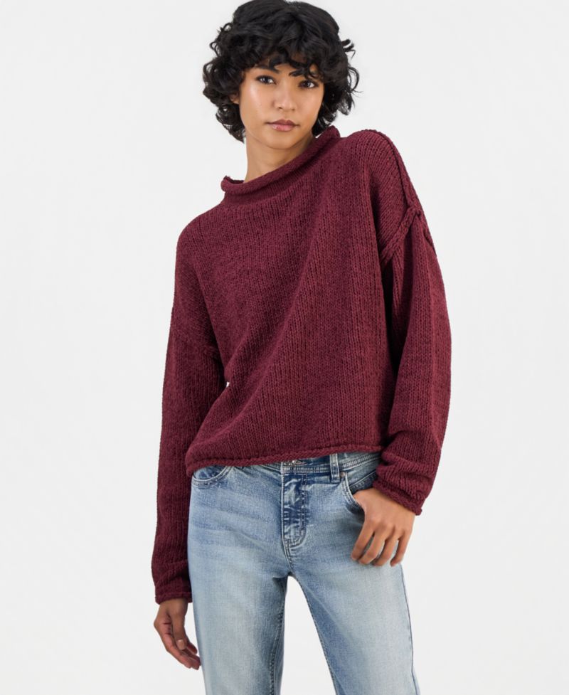 Juniors' Roll Mock Neck Chenille Long-Sleeve Sweater