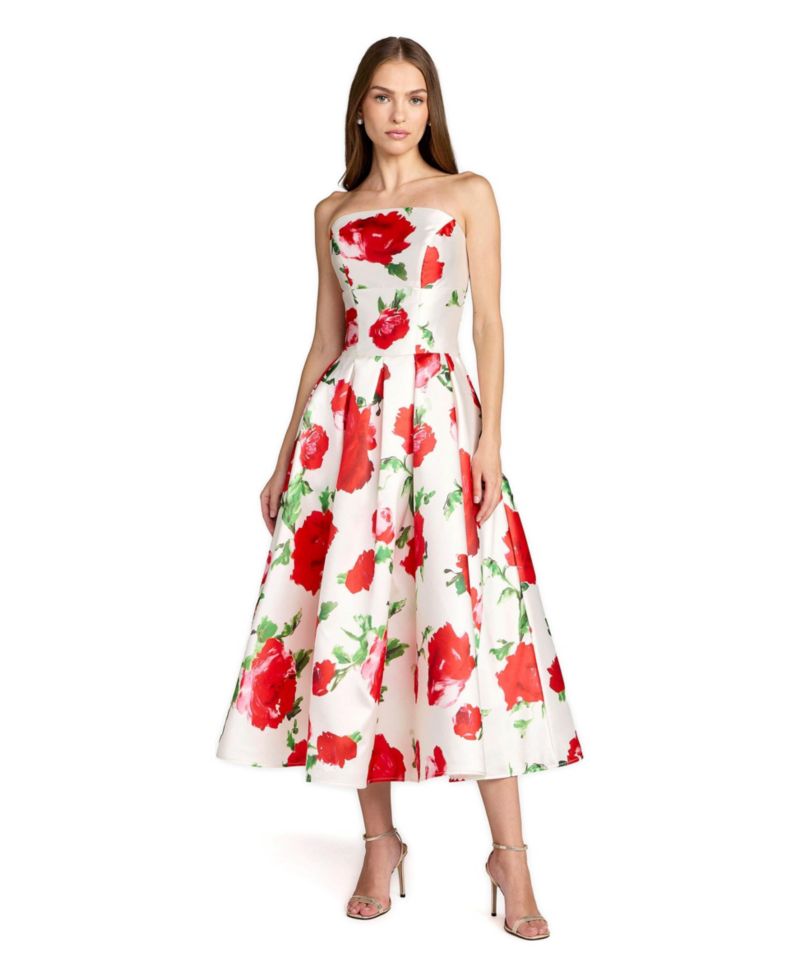 Women's Strapless Floral Print A-Line Midi Dress