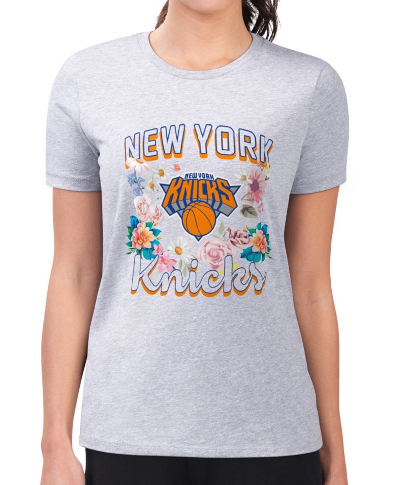 Women's Heather Gray New York Knicks Super-Slim Fit Lightweight Flowers Team Logo Graphic T-Shirt