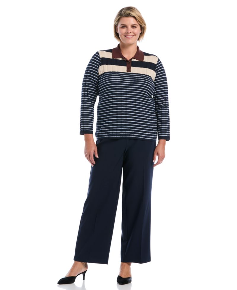 Plus Size Striped Polo 3/4 Sleeve Sweater