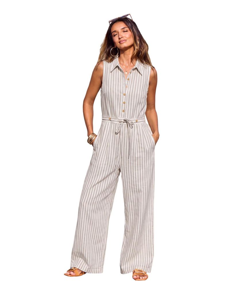 Women's Vertical-Stripe Sleeveless Wide-Leg Jumpsuit