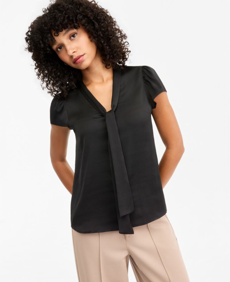 Women's Satin Tie-Neck Flutter-Sleeve Short-Sleeve Blouse