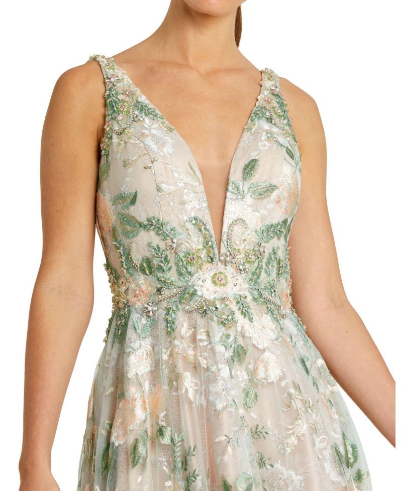 Women's Floral Embroidered Illusion V-Neck Gown