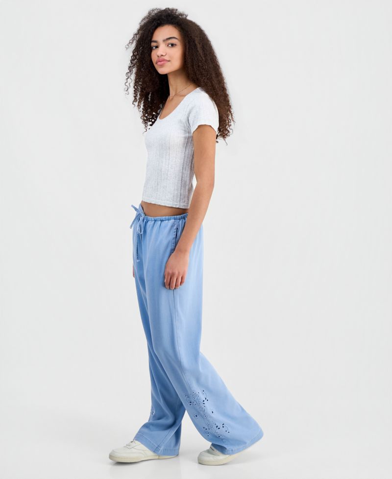 Juniors' Chambray Eyelet-Hem Drawstring Pants