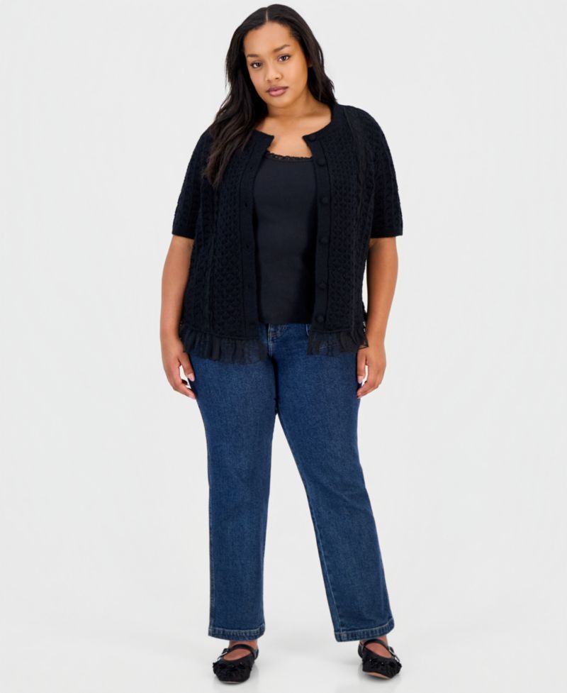 Petite Pointelle Lace-Hem Short-Sleeve Cardigan