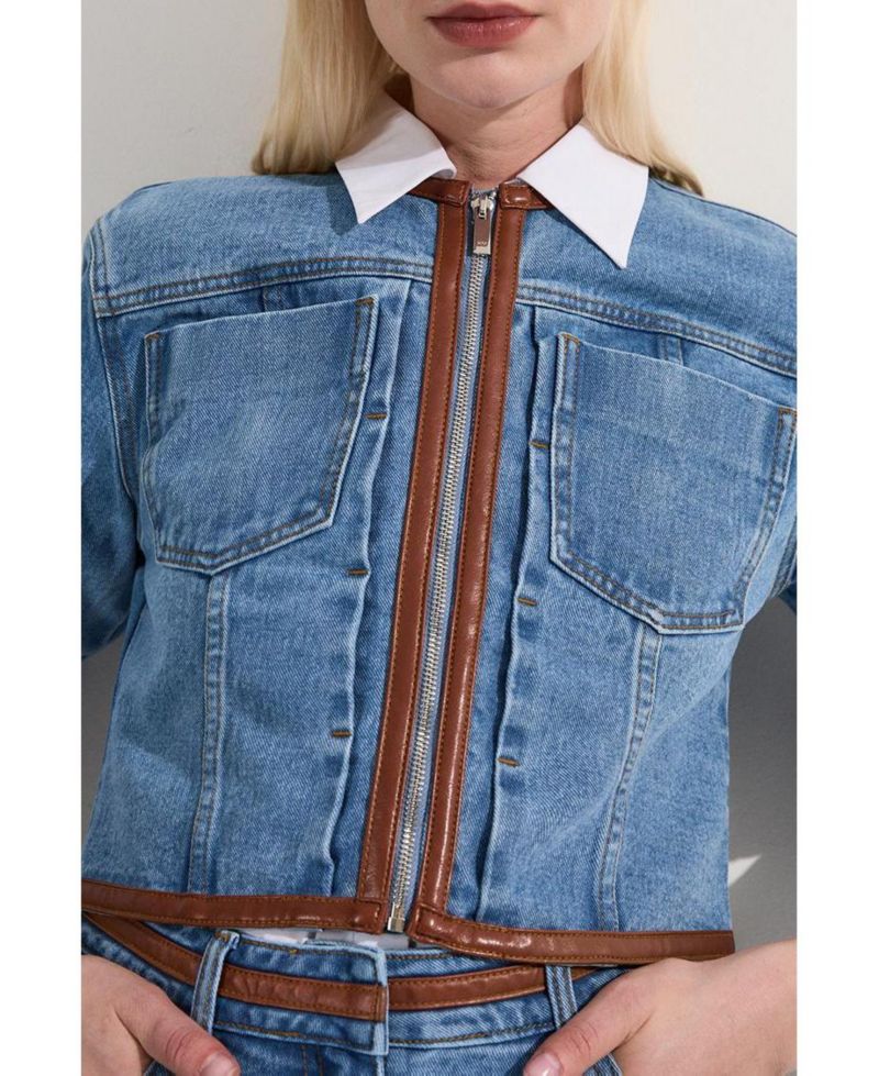 Women's Denim and Leather Collarless Jacket