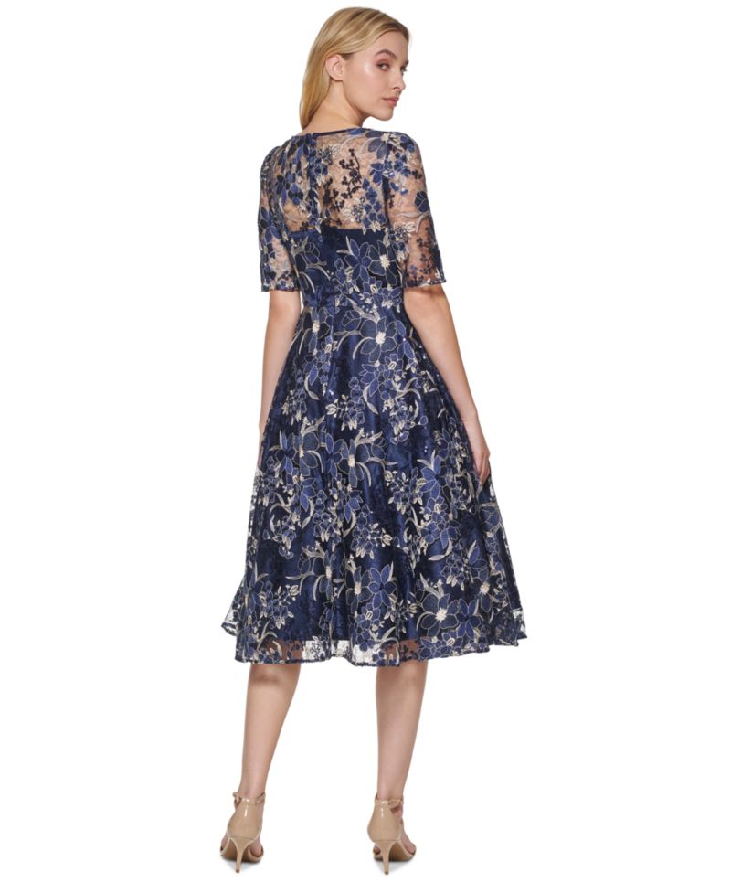 Women's Elbow-Sleeve Illusion Yoke Short Dress