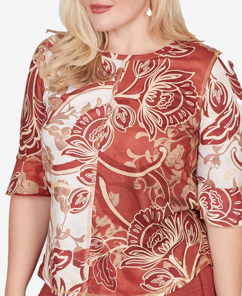 Petite Spice Market Spliced Colors Scroll Print Crewneck Top
