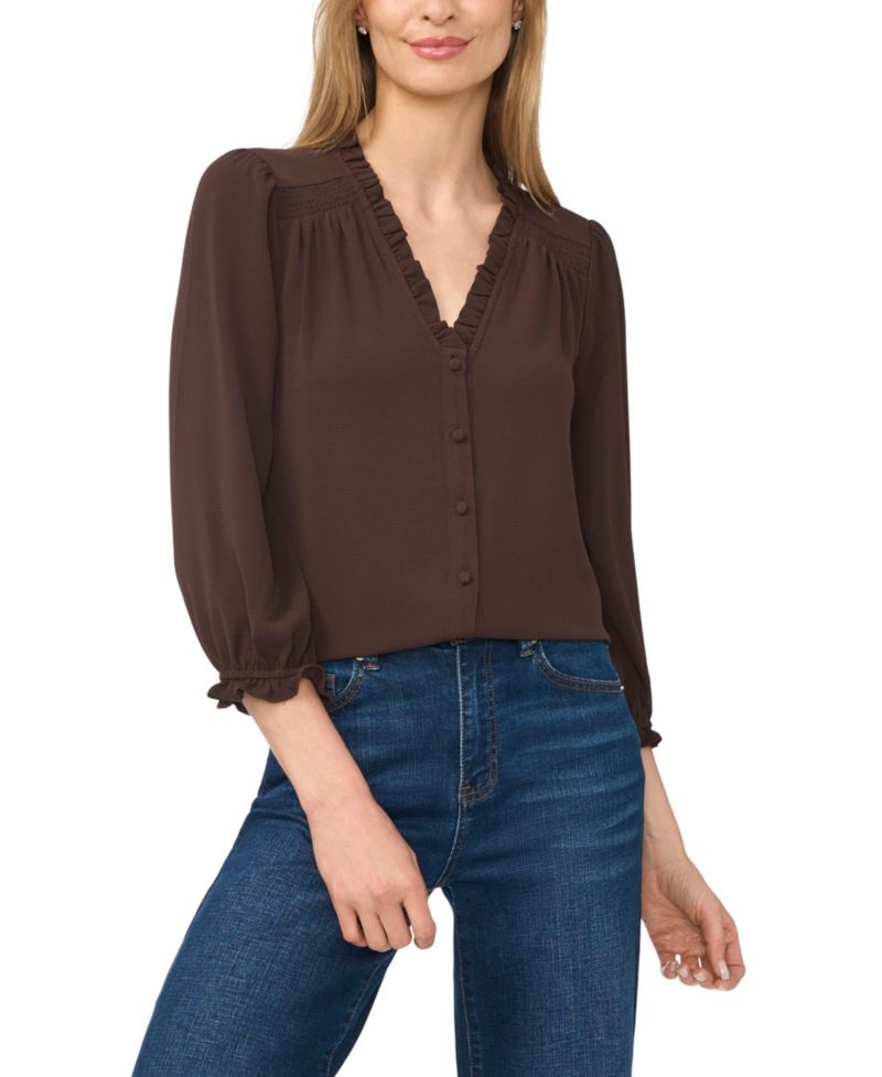 Women's Ruffled Button-Front 3/4-Sleeve Blouse