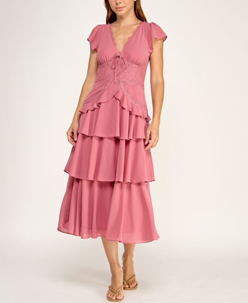 Juniors' Lace Trim Tiered Midi Dress
