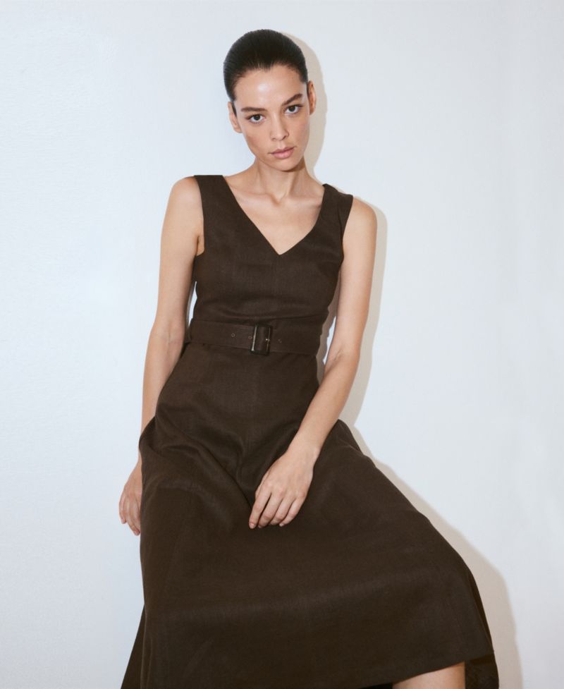 Women's Belt Linen Midi-Dress