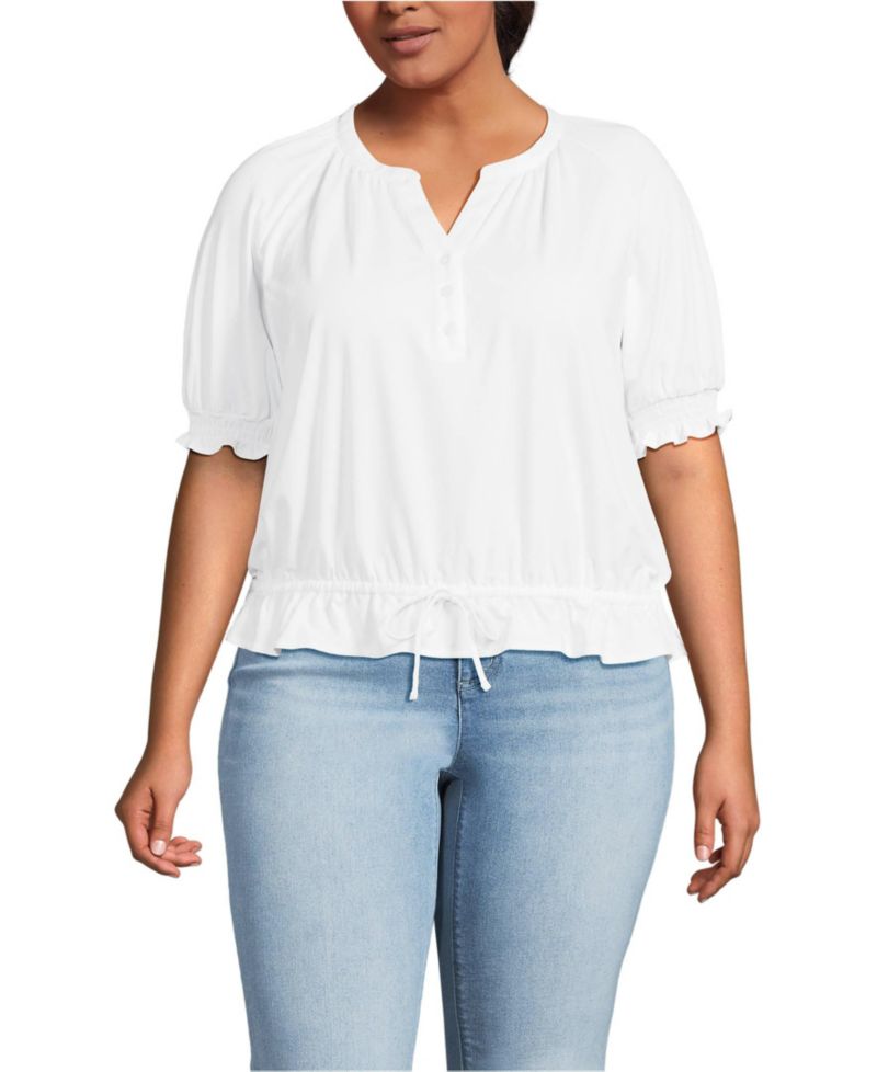 Plus Size Elbow Sleeve Lightweight Jersey Gathered Adjustable Hem Blouse