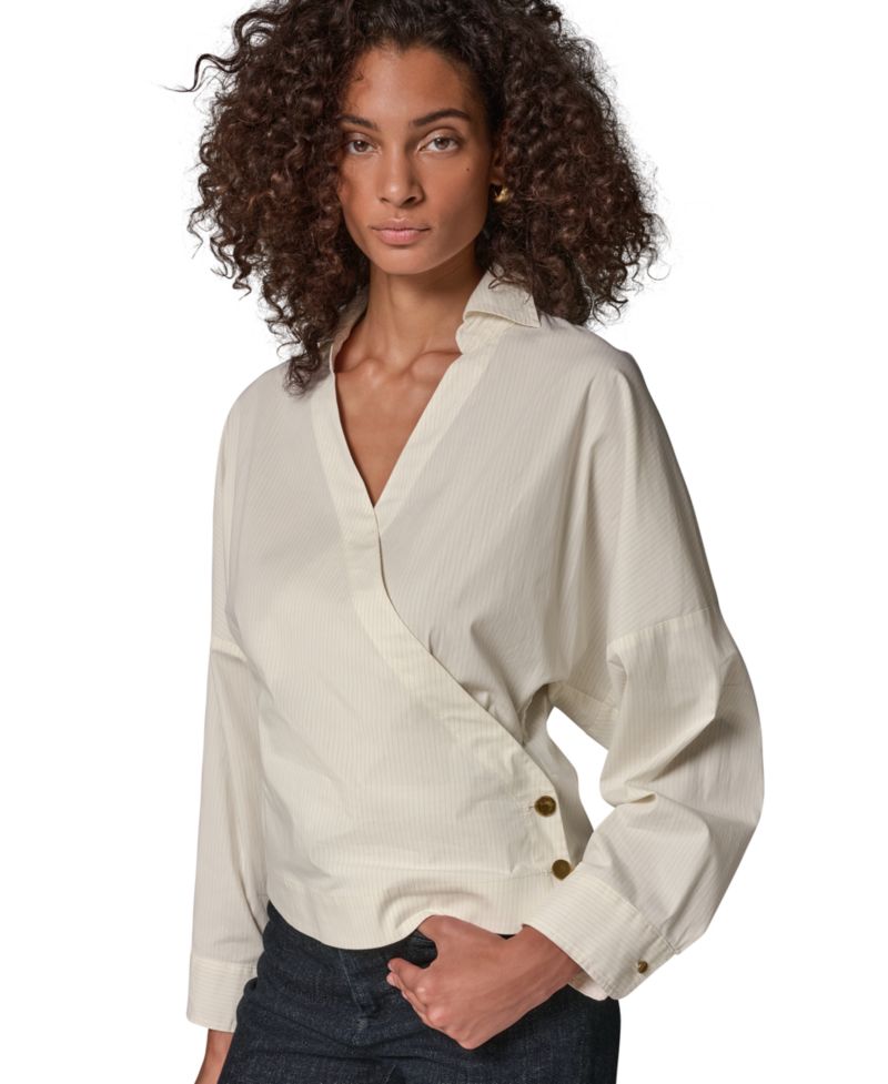 Women's Pinstripe Long-Sleeve Collared V-Neck Blouse