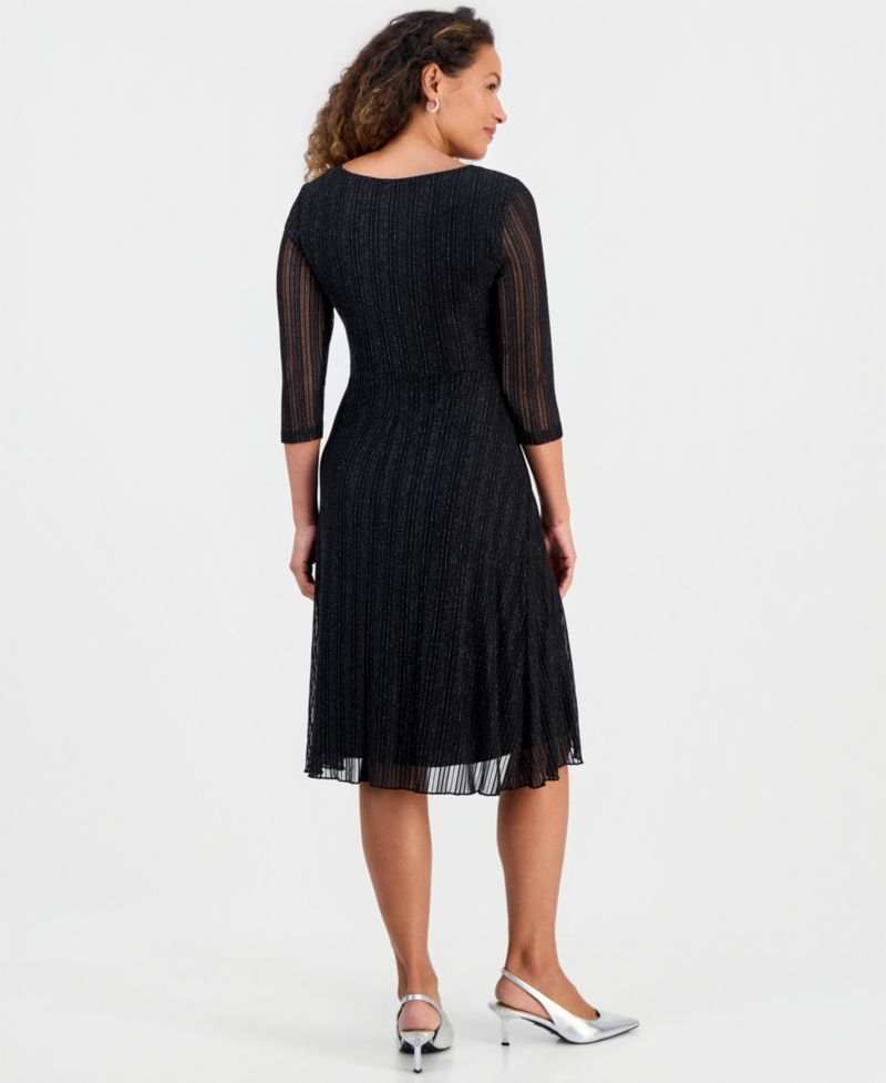 Petite Mesh Tie-Waist 3/4-Sleeve Midi Dress