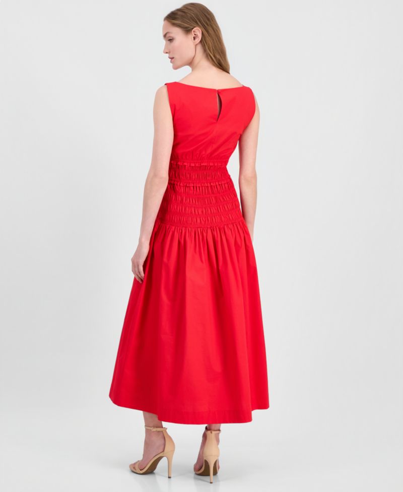 Petite Jewel-Neck Smocked Midi Dress