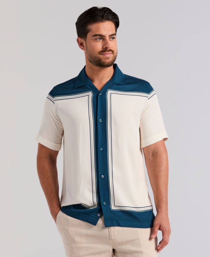 Men's Color Block Short-Sleeve Button-Down Shirt