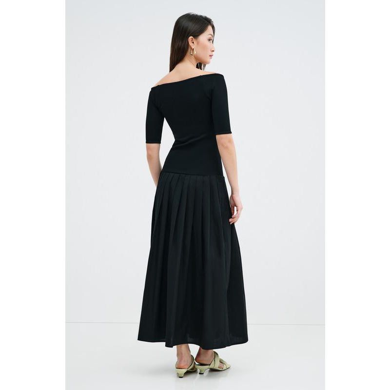 Women's Mila Off-Shoulder Dropped-Waist Pleated Cotton Dress with Pockets