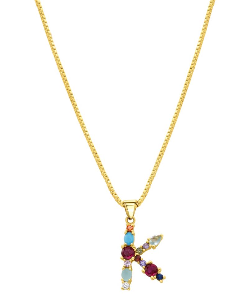 14K Gold-Plated Multi Color Stone Initial Necklace
