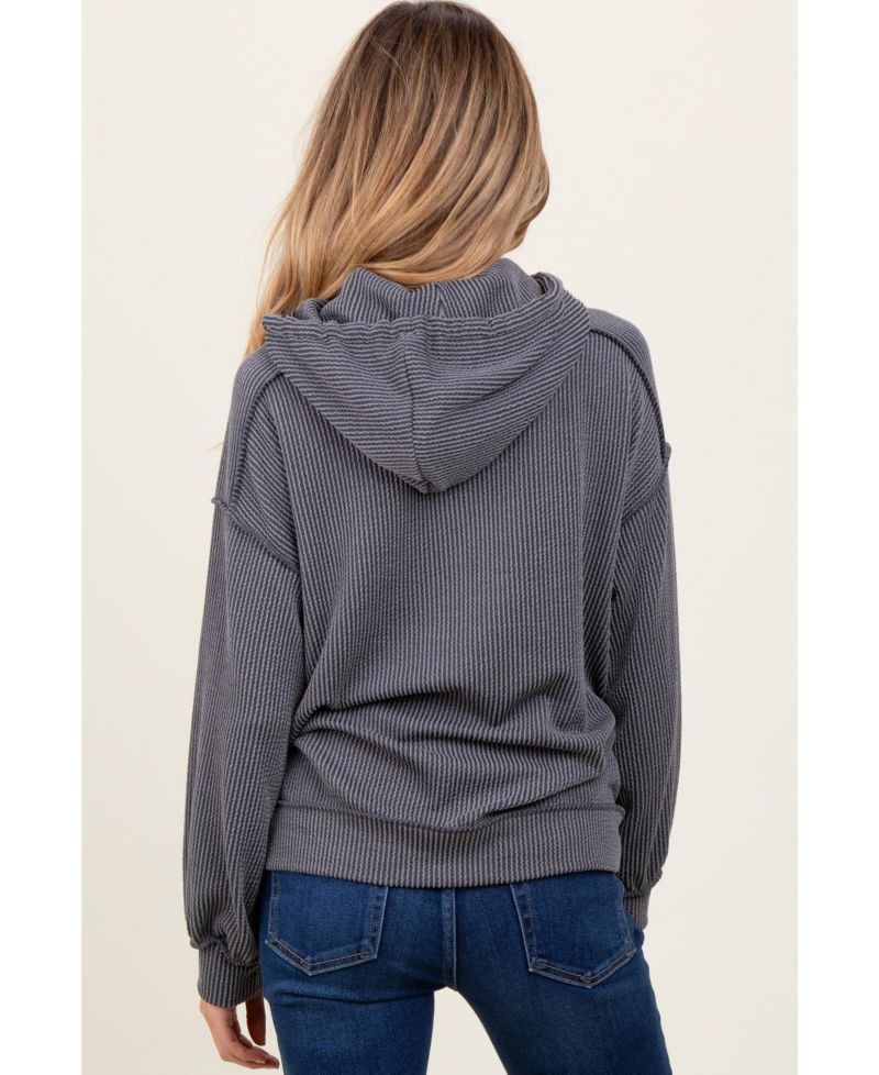 Women's Charcoal Ribbed Front Pocket Drawstring Hoodie