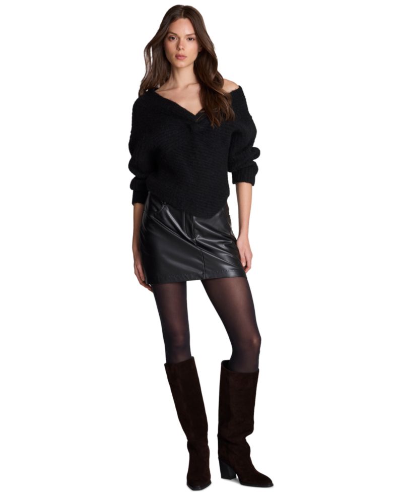 Women's Faux Leather Fly Front Drop Waist Mini Skirt