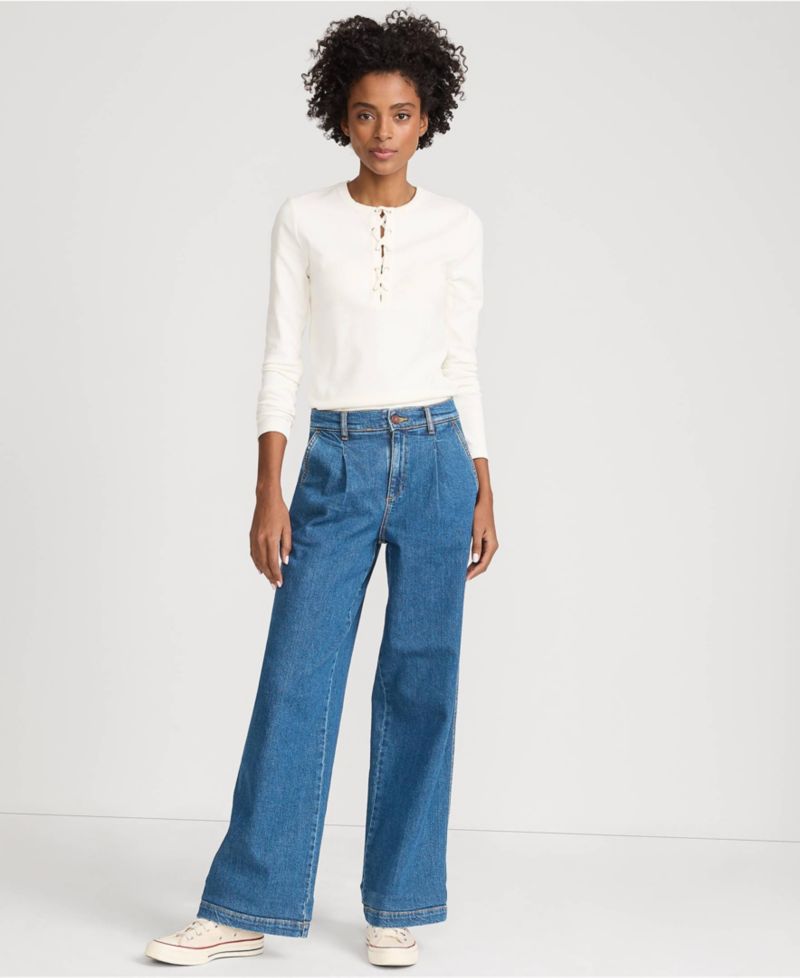 Petite High Rise Soft Denim Pleated Wide Leg Trousers