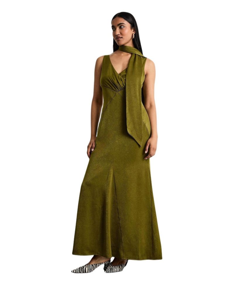 Women's Plain Scarf Detail Tie Neck Maxi Dress