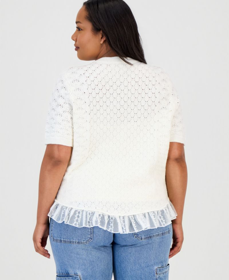 Petite Pointelle Lace-Hem Short-Sleeve Cardigan