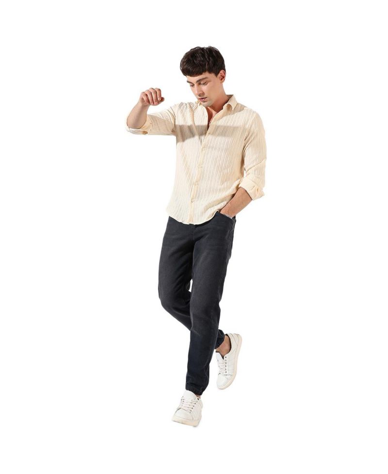 Men's Light Yellow Textured Regular Fit Casual Shirt