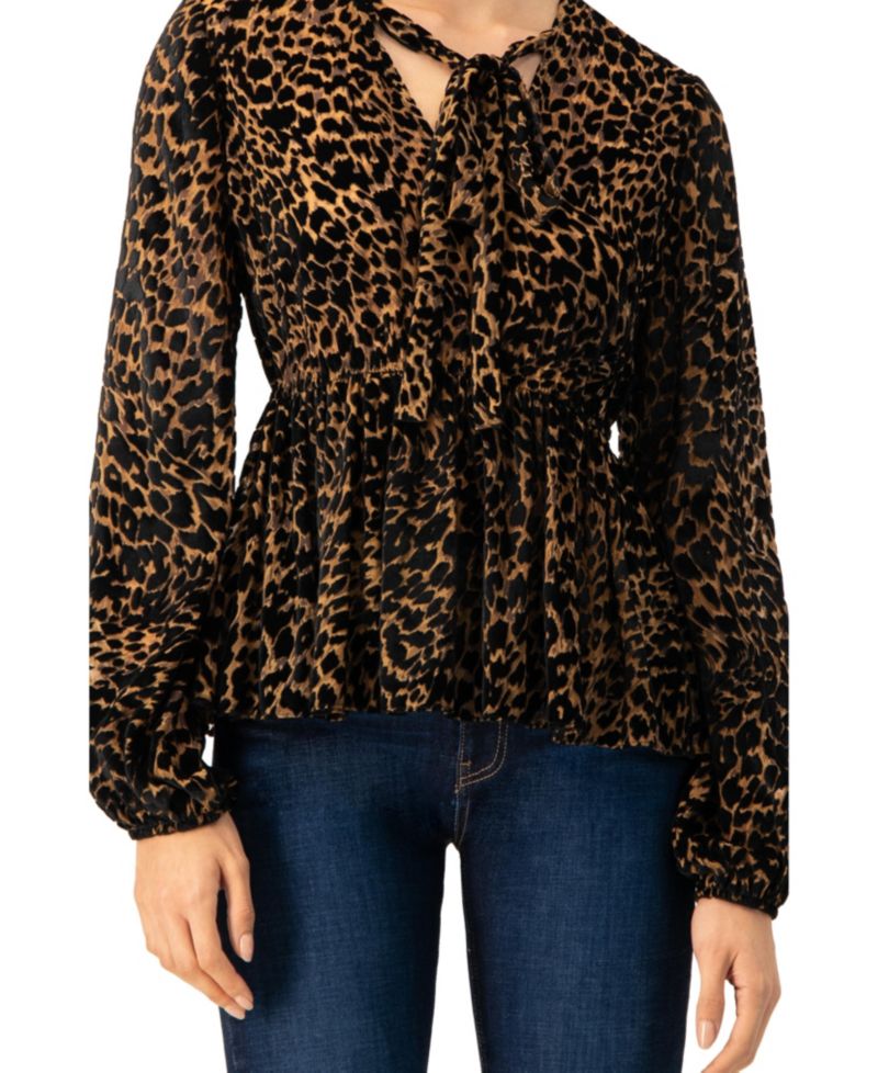 Women's V-Neck Animal Print Blouse With Velvet Flock