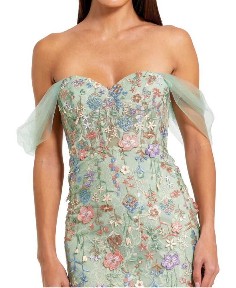Women's Off The Shoulder Bustier Emboridered Net Gown