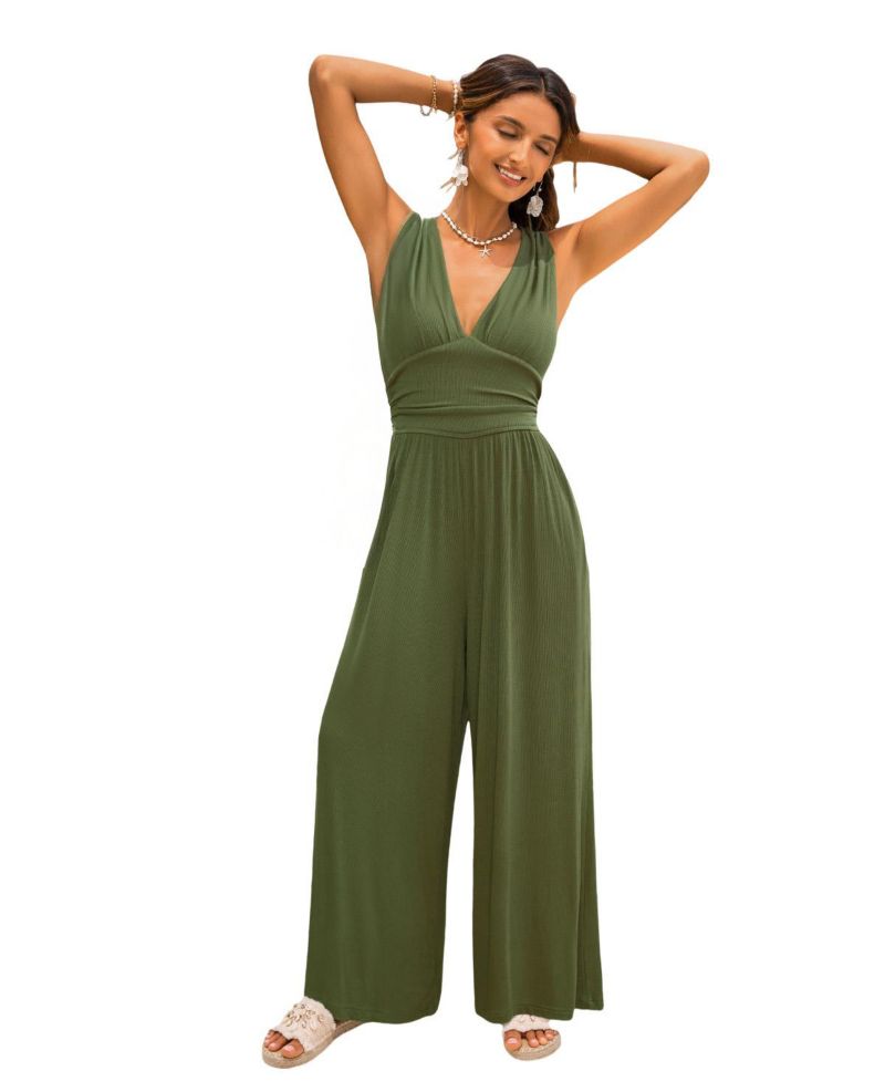 Women's Surplice V-Neck Sleeveless Ribbed Knit Wide Leg Jumpsuit