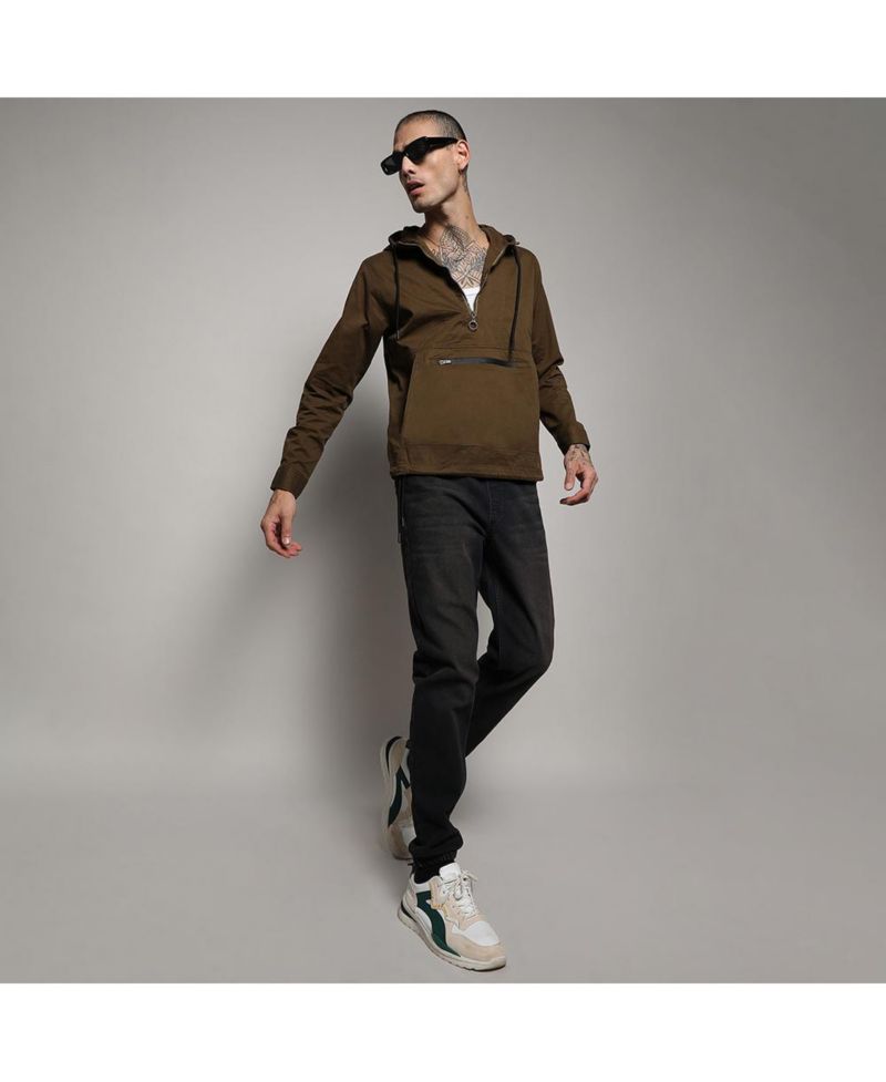 Men's Brown Half-Zip Utility Jacket With Contrast Drawstring